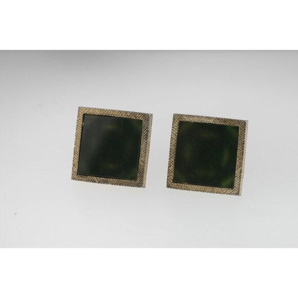 Vintage 1950's Square Cufflinks With Green Inlaid Gold Edges Stamped Sterling